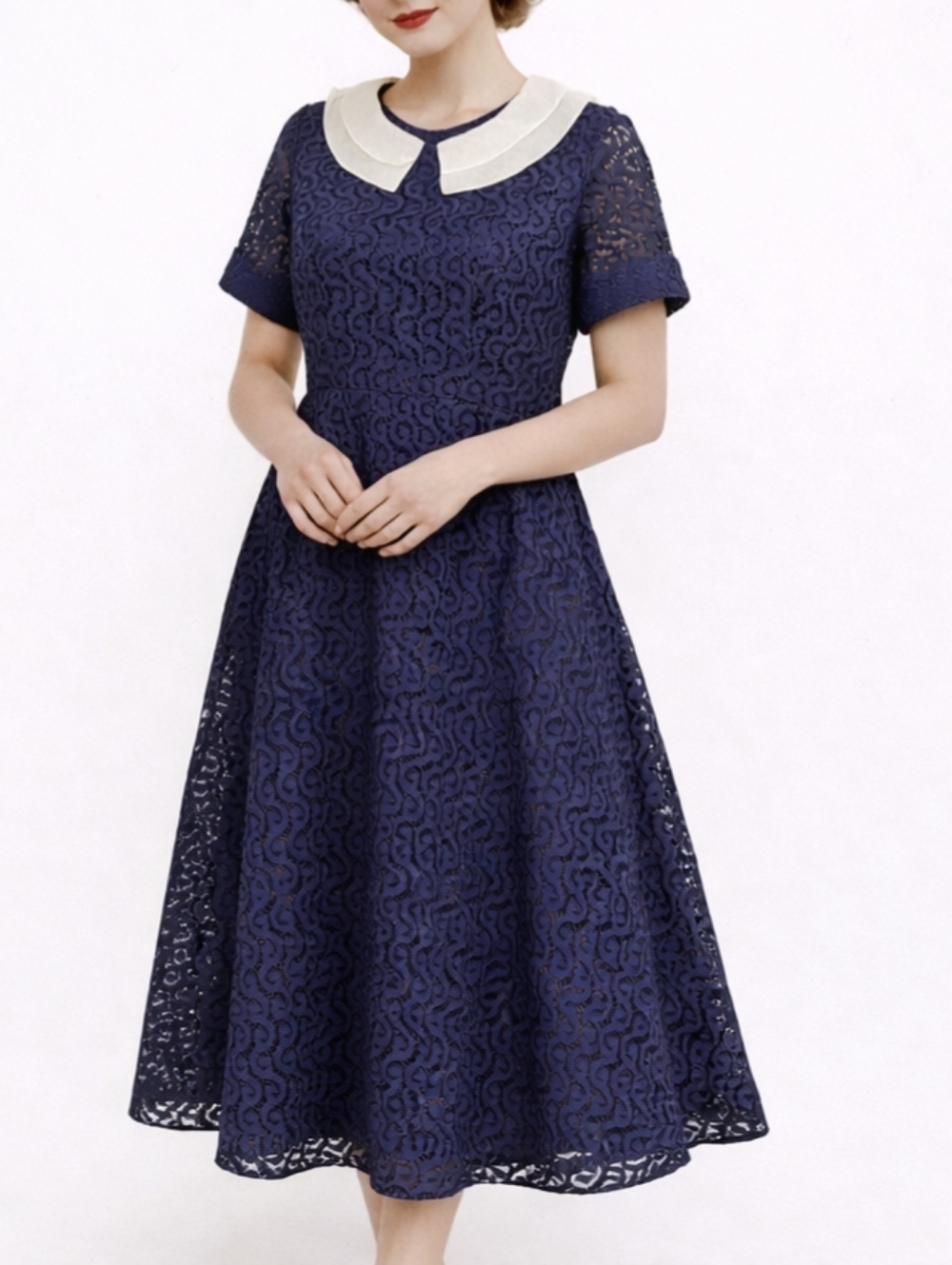 1940s 1950s 40"- 43" Bst Vintage Navy Eyelet A Line Sheer White Collar Dress #60